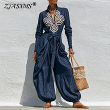 Load image into Gallery viewer, Women Jumpsuit Stand Collar V‑Neck Ethnic Long Sleeve Belted Waist Harem Balloon Pants Jumpsuit Vacation Casual One‑Piece Outfit

