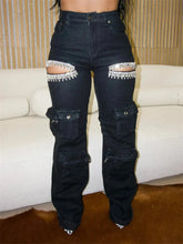 Cargar imagen en el visor de la galería, Tassel Diamond Pieces Mid Waist Straight Leg Jeans
