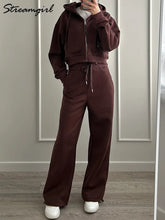 Load image into Gallery viewer, Women Tracksuits Winter Fleece Sweatsuit Brown Warm Crop Zipper Hoodies And Sweatpants Set For Women 2 Piece Velvet Pants Sets
