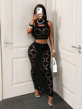 Lade das Bild in den Galerie-Viewer, FHSEER 2PCS Women's Plus Size Black Mesh Hollow Out Crop Tank &amp; High Maxi Dress Set
