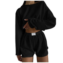 Load image into Gallery viewer, Womens Summer Fashion Casual Two Piece Outfits Casual Shorts Set O Neck Long Sleeve Tops And Shorts Swim Short Suits for Women
