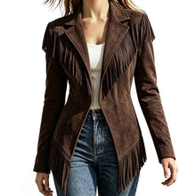 Load image into Gallery viewer, Women Faux Suede Fringe Slim Fit Turn Down Collar Long Sleeve Jacket

