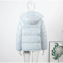 Load image into Gallery viewer, Fashion Shiny Solid Hooded Quilted Jacket Women Stand Collar Long Sleeve Zipper Pocket Street Warm Coat 2026 Winter Lady Outwear

