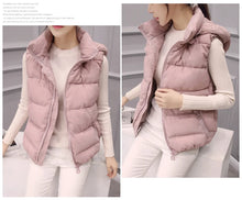 Load image into Gallery viewer, Women's Short Padded Quilted Vest Warm Slimming Detachable Cap Jacket.
