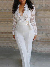 Load image into Gallery viewer, Woman Lace Stitching Long Sleeve V-neck Wide Leg Pants With Belt Lady Jumpsuit
