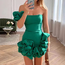 Load image into Gallery viewer, Women Mini Dress Sexy Strapless Sleeveless Ruffles Dresses High Waist One Shoulder Elegant White Temperament Bodycon Vestidos
