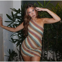 Load image into Gallery viewer, Irregular Printed Knitted Mini Dress For Women Chic Backless Slanted Shoulder Slim Fit Dresses Summer Holiday Beach Robes
