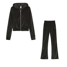 Load image into Gallery viewer, Fashion Trend Gold Velvet Pocket Hoodie Zipper Sweater Wide Leg Pants Two-piece Women's Suit
