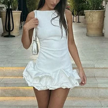 Load image into Gallery viewer, Sexy Women Mini Dress Green Bule Pink Black White O Neck Ruffle Design Sexy Bodycon Dress Women Sleeveless Party Dress
