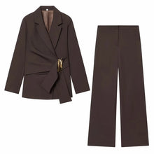 Load image into Gallery viewer, Women Suit Pants Two-Piece Set Buckle Decoration Long Sleeve Blazer Coat + Straight-Leg Pants 2 Pieces Sets Chic Woman Outfits
