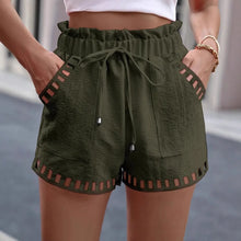 Load image into Gallery viewer, Women Linen solid color Elastic Waist Hollow out Pocket Mini Shorts
