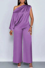 Load image into Gallery viewer, Women Satin Two Piece Set One Shoulder Asymmetrical Single Flared Sleeve Blouse Straight Wide Leg Pants Elegant Matching Set
