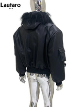 Load image into Gallery viewer, Mauroicardi Autumn Winter Short Oversized Black Warm Pu Leather Jacket Men with Faux Fur Trim Hood Loose Casual Korean Fashion
