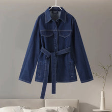 Load image into Gallery viewer, Casual Denim Jacket Pants Set Women Lace Up Lapel Pocket Single Breasted Coat Straight Jeans 2025 Spring High Street Outfit Lady
