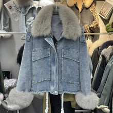 画像をギャラリービューアに読み込む, Fox Fur Denim Fleece-Lined and Batwing Sleeve Cotton Coat
