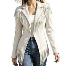 Load image into Gallery viewer, Women Faux Suede Fringe Slim Fit Turn Down Collar Long Sleeve Jacket
