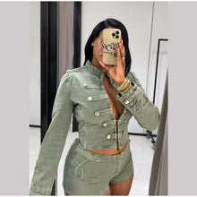 Load image into Gallery viewer, Y2K Style Denim Jacket Shorts Set Women's Stand Collar Button Long Sleeve Coats Low Waist Mini Short 2026 Summer New Lady Outfit
