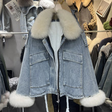画像をギャラリービューアに読み込む, Fox Fur Denim Fleece-Lined and Batwing Sleeve Cotton Coat
