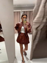 Load image into Gallery viewer, Street Women's Cropped Leather Jacket Skirt Set Stand Collar Zipper Coats Pleated Mini Skirts 2026 Spring Lady Fashion Suit

