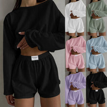 Load image into Gallery viewer, Womens Summer Fashion Casual Two Piece Outfits Casual Shorts Set O Neck Long Sleeve Tops And Shorts Swim Short Suits for Women
