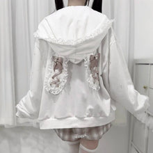 Load image into Gallery viewer, Japanese Gothic Style Y2k Lace Bunny Hooded Coat Women Sweet Pearl Gauze Patchwork Jackets Oversized Harajuku Kawaii Zipper Top
