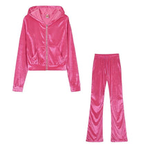 Load image into Gallery viewer, Fashion Trend Gold Velvet Pocket Hoodie Zipper Sweater Wide Leg Pants Two-piece Women's Suit
