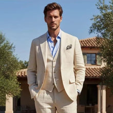 Load image into Gallery viewer, Notched Lapel Custom Casual 3 piece Beige Linen Suit
