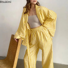 Load image into Gallery viewer, Women's Two-piece Set  Autumn New Striped Long-sleeved Loose Lace-up Top High-waisted Trousers Fashion Casual Suit for Women
