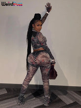 Load image into Gallery viewer, Weird Puss Aesthetic Print Sexy Women 2 Piece Set See Through Spring Turtleneck Crop Tops+Pants Stripe Stretch Thin Clubwear
