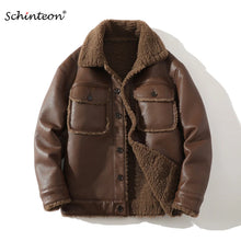 Load image into Gallery viewer, Schinteon Men Suede Leather Jacket Autumn Winter Warm Thick Casual Outwear Faux Lamb Wool Fur Solid Color Turn-down Collar Coat
