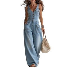 Load image into Gallery viewer, Women  Denim  V Neck Wide Leg Denim  with Pockets Jumpsuit
