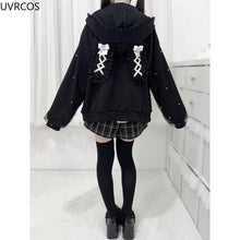 Load image into Gallery viewer, Japanese Gothic Style Y2k Lace Bunny Hooded Coat Women Sweet Pearl Gauze Patchwork Jackets Oversized Harajuku Kawaii Zipper Top
