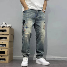 Load image into Gallery viewer, Trendy Edgy And Stylish Men's  With Patchwork Embroidery And Prints Loose-fitting Straight Leg Jeans
