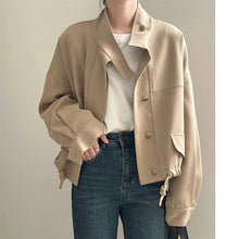 Load image into Gallery viewer, Standing Collar Short Hem Drawstring Trench Coat

