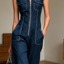 Load image into Gallery viewer, Jumpsuit Comfortable Women Jumpsuit Women’s Denim Jumpsuit with Stand Collar Wide Leg Rompers Zip Front One-piece Outfit
