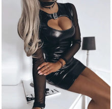 Load image into Gallery viewer, Mini Dresses for Women Streetwear Summer 2024 Fashion Skirt Solid Mesh Splicing Hollow PU Leather Slim Fit Long Sleeves Dress
