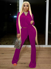 Charger l'image dans la galerie, Kliou Solid Velour Two Piece Set Women Simple Casual Zipper Long Sleeve Turtleneck Top+Bandage Lace Slim Female Wide Leg Pants
