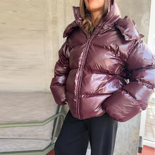 Load image into Gallery viewer, Fashion Shiny Solid Hooded Quilted Jacket Women Stand Collar Long Sleeve Zipper Pocket Street Warm Coat 2026 Winter Lady Outwear
