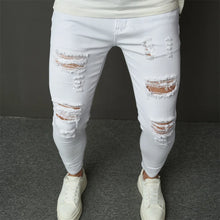 Cargar imagen en el visor de la galería, Pantalones vaqueros ajustados elásticos de estilo sencillo para hombre, pantalones vaqueros ajustados con agujeros, desgastados y lisos

