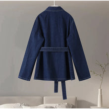 Load image into Gallery viewer, Casual Denim Jacket Pants Set Women Lace Up Lapel Pocket Single Breasted Coat Straight Jeans 2025 Spring High Street Outfit Lady
