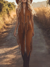 Load image into Gallery viewer, Jumpsuits For Woman 2026 New Fashionable Solid Color Retro Western Fringe Brown Suede Vest Jumpsuit Monos Mujer Jumpsuits
