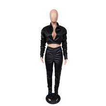 Lade das Bild in den Galerie-Viewer, Sexy PU Faux Leather Two Piece Set for Women Birthday Night Club Outfits Crop Top and Slit Stacked Pants Matching Sets Undefined
