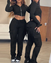 Cargar imagen en el visor de la galería, Conjunto de sudadera con capucha y pantalón con cordón, diseño de cremallera y ombligo descubierto
