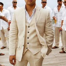 Load image into Gallery viewer, Notched Lapel Custom Casual 3 piece Beige Linen Suit
