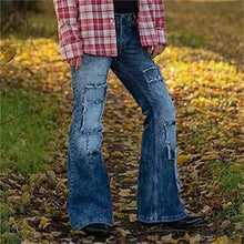Cargar imagen en el visor de la galería, Pantalones vaqueros acampanados estilo americano con parches elásticos vintage para hombre, ropa de calle con botones y bolsillos empalmados, pantalones vaqueros casuales de uso diario para jóvenes, talla 23

