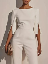 Load image into Gallery viewer, Women's Casual Solid Color 3/4 Length Sleeve Straight Round Neck Beaded High Waist Jumpsuit

