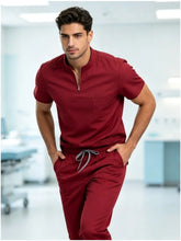 Load image into Gallery viewer, Mens Stand Collar Zip Front Scrub Set Workwear Straight Leg Pants Casual Gym Fitness Uniform Suit
