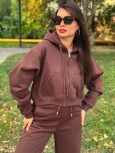 Load image into Gallery viewer, Women Tracksuits Winter Fleece Sweatsuit Brown Warm Crop Zipper Hoodies And Sweatpants Set For Women 2 Piece Velvet Pants Sets
