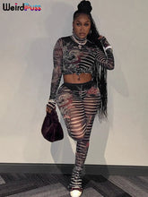 Load image into Gallery viewer, Weird Puss Aesthetic Print Sexy Women 2 Piece Set See Through Spring Turtleneck Crop Tops+Pants Stripe Stretch Thin Clubwear
