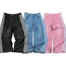 画像をギャラリービューアに読み込む, Y2K Harajuku striped embroidery texture casual jeans for men and women retro hip-hop street loose high-waisted wide-leg pants
